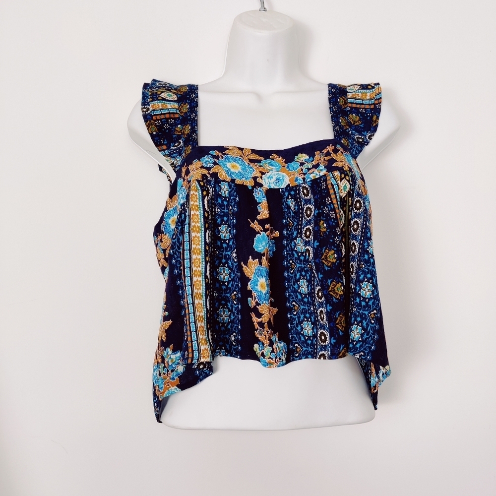 B.O.G. Collective Bohemian Ruffle Strap Crop Top - Vibrant Floral and Geometric